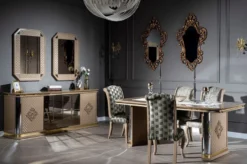 Casa Padrino Luxus Art Deco Esszimmer Set Beige / Gold - 1 Esstisch & 6 Esszimmerstühle - Handgefertigte Art Deco Esszimmer Möbel