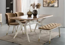 Casa Padrino Luxus Art Deco Esszimmer Set Braun / Weiß / Gold - 1 Esszimmertisch & 4 Esszimmerstühle & 1 Sitzbank - Art Deco Esszimmer Möbel