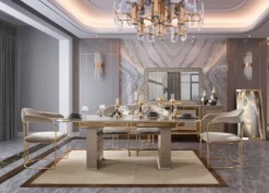 Casa Padrino Luxus Art Deco Esszimmer Set Grau / Gold - 1 Ausziehbarer Esstisch & 6 Esszimmerstühle mit Armlehnen - Esszimmer Möbel - Art Deco Möbel - Luxus Möbel - Art Deco Einrichtung