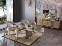 Casa Padrino Luxus Art Deco Esszimmer Set Grau / Gold - 1 Ausziehbarer Esstisch & 6 Esszimmerstühle mit Armlehnen - Esszimmer Möbel - Art Deco Möbel - Luxus Möbel - Art Deco Einrichtung