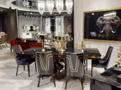 Casa Padrino Luxus Art Deco Esstisch Schwarz / Gold - Handgefertigter Massivholz Küchentisch - Art Deco Esszimmer Möbel