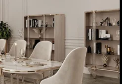 Casa Padrino Luxus Art Deco Esszimmer Set Weiß / Grau / Gold - 1 Art Deco Esstisch mit Kunstmarmor Tischplatte & 6 Art Deco Esszimmerstühle - Art Deco Esszimmer Möbel - Luxus Qualität