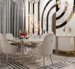 Casa Padrino Luxus Art Deco Esszimmer Set Weiß / Grau / Gold - 1 Art Deco Esstisch mit Kunstmarmor Tischplatte & 6 Art Deco Esszimmerstühle - Art Deco Esszimmer Möbel - Luxus Qualität