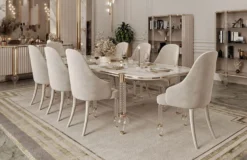 Casa Padrino Luxus Art Deco Esszimmer Set Weiß / Grau / Gold - 1 Art Deco Esstisch mit Kunstmarmor Tischplatte & 6 Art Deco Esszimmerstühle - Art Deco Esszimmer Möbel - Luxus Qualität