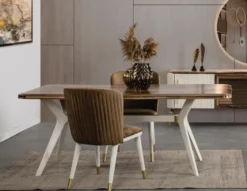 Casa Padrino Luxus Art Deco Esszimmer Set Braun / Weiß / Gold - 1 Esszimmertisch & 6 Esszimmerstühle - Art Deco Esszimmer Möbel