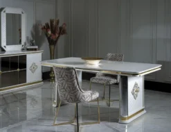 Casa Padrino Luxus Art Deco Esstisch Weiß / Gold - Handgefertigter Massivholz Küchentisch mit Spiegelglas - Art Deco Esszimmer Möbel
