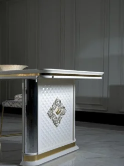 Casa Padrino Luxus Art Deco Esstisch Weiß / Gold - Handgefertigter Massivholz Küchentisch mit Spiegelglas - Art Deco Esszimmer Möbel