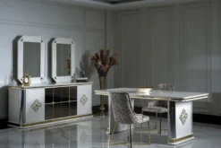 Casa Padrino Luxus Art Deco Esstisch Weiß / Gold - Handgefertigter Massivholz Küchentisch mit Spiegelglas - Art Deco Esszimmer Möbel