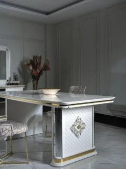 Casa Padrino Luxus Art Deco Esstisch Weiß / Gold - Handgefertigter Massivholz Küchentisch mit Spiegelglas - Art Deco Esszimmer Möbel