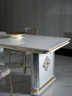 Casa Padrino Luxus Art Deco Esstisch Weiß / Gold - Handgefertigter Massivholz Küchentisch mit Spiegelglas - Art Deco Esszimmer Möbel