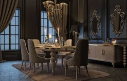 Casa Padrino Luxus Art Deco Esszimmer Set Grau / Weiß / Gold - 1 Art Deco Esstisch mit Kunstmarmor Tischplatte & 8 Art Deco Esszimmerstühle - Art Deco Esszimmer Möbel - Luxus Qualität