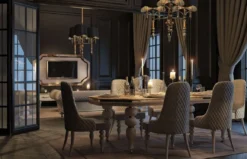 Casa Padrino Luxus Art Deco Esszimmer Set Grau / Weiß / Gold - 1 Art Deco Esstisch mit Kunstmarmor Tischplatte & 8 Art Deco Esszimmerstühle - Art Deco Esszimmer Möbel - Luxus Qualität