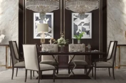Casa Padrino Luxus Art Deco Esszimmer Set Beige / Dunkelbraun Hochglanz / Gold - 1 Esszimmertisch & 6 Esszimmerstühle - Art Deco Esszimmer Möbel - Luxus Qualität