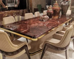 Casa Padrino Luxus Art Deco Esstisch Braun / Beige / Gold 226 x 112 x H. 70 cm - Massivholz Küchentisch mit Tischplatte in Marmoroptik - Esszimmer Möbel - Art Deco Möbel - Luxus Möbel