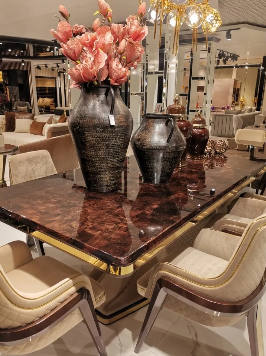 Casa Padrino Luxus Art Deco Esstisch Braun / Beige / Gold 226 x 112 x H. 70 cm - Massivholz Küchentisch mit Tischplatte in Marmoroptik - Esszimmer Möbel - Art Deco Möbel - Luxus Möbel