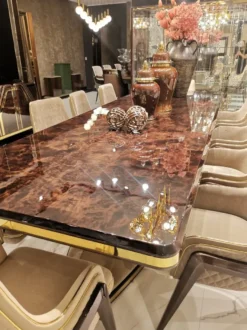 Casa Padrino Luxus Art Deco Esstisch Braun / Beige / Gold 226 x 112 x H. 70 cm - Massivholz Küchentisch mit Tischplatte in Marmoroptik - Esszimmer Möbel - Art Deco Möbel - Luxus Möbel
