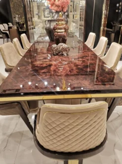 Casa Padrino Luxus Art Deco Esstisch Braun / Beige / Gold 226 x 112 x H. 70 cm - Massivholz Küchentisch mit Tischplatte in Marmoroptik - Esszimmer Möbel - Art Deco Möbel - Luxus Möbel