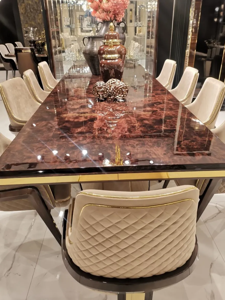 Casa Padrino Luxus Art Deco Esstisch Braun / Beige / Gold 226 x 112 x H. 70 cm - Massivholz Küchentisch mit Tischplatte in Marmoroptik - Esszimmer Möbel - Art Deco Möbel - Luxus Möbel