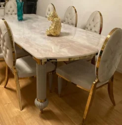Casa Padrino Luxus Art Deco Esszimmerstuhl 4er Set Grau / Gold 50 x 58 x H. 109,5 cm - Elegante Küchenstühle - Esszimmer Möbel - Luxus Möbel - Art Deco Möbel - Luxus Einrichtung