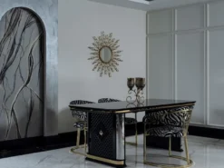 Casa Padrino Luxus Art Deco Esszimmer Set Schwarz / Gold - 1 Esstisch & 6 Esszimmerstühle - Art Deco Esszimmer Möbel - Luxus Qualität
