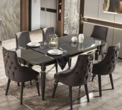 Casa Padrino Luxus Art Deco Esszimmer Set Grau / Gold - 1 ausziehbarer Esszimmertisch & 6 Esszimmerstühle - Art Deco Esszimmer Möbel - Luxus Qualität