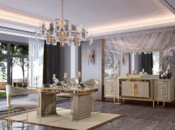 Casa Padrino Luxus Art Deco Esszimmer Set Grau / Gold - 1 Ausziehbarer Esstisch & 4 Stühle
