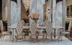 Casa Padrino Luxus Art Deco Esszimmer Set Grau / Weiß / Gold - 1 Art Deco Esstisch mit Kunstmarmor Tischplatte & 8 Art Deco Esszimmerstühle - Prunkvolle Art Deco Esszimmer Möbel - Luxus Qualität