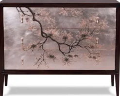 Casa Padrino Luxus Art Deco Kommode Dunkelbraun / Mehrfarbig 120 x 49 x H. 94 cm - Edle Mahagoni Kommode mit 3 Schubladen und elegantem japanischen Design - Luxus Möbel