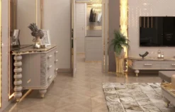 Casa Padrino Luxus Art Deco Kommode Grau / Weiß / Gold 170 x 50 x H. 89 cm - Prunkvolle Kommode mit 3 Schubladen und Kunstmarmor Platte - Art Deco Schlafzimmer & Hotel Möbel - Luxus Kollektion