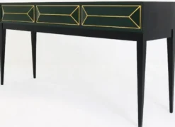 Casa Padrino Luxus Art Deco Konsole Schwarz / Grün / Gold 180 x 49 x H. 92 cm - Massivholz Konsolentisch mit 3 Schubladen in 3D Optik - Art Deco Möbel