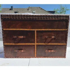Casa Padrino Luxus Art Deco Kommode / Truhe Braun 125 cm - Leder Möbel