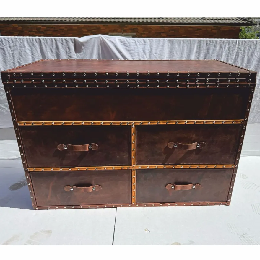 Casa Padrino Luxus Art Deco Kommode / Truhe Braun 125 cm - Leder Möbel