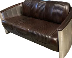 Casa Padrino Luxus Art Deco Leder Sofa 172 x 70 x H. 82 cm - Verschiedene Farben - Aluminium Wohnzimmer Sofa mit Echtleder - Aluminium Flugzeug Flieger Sofa Möbel