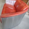 Casa Padrino Luxus Art Deco Leder Sofa Rot / Silber 172 x 70 x H. 82 cm - Aluminium Wohnzimmer Sofa mit Echtleder - Aluminium Flugzeug Flieger Sofa Möbel