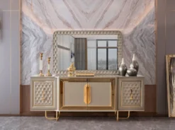 Casa Padrino Luxus Art Deco Möbel Set Grau / Gold - 1 Luxus Art Deco Sideboard mit 4 Türen & 1 Luxus Art Deco Spiegel - Art Deco Möbel - Luxus Möbel - Luxus Einrichtung - Art Deco Einrichtung