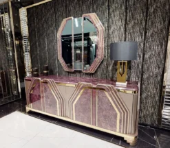 Casa Padrino Luxus Art Deco Möbel Set Lila / Grau / Gold - 1 Sideboard mit 4 Türen & 1 Wandspiegel - Art Deco Wohnzimmer & Hotel Möbel - Luxus Kollektion