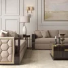 Casa Padrino Luxus Art Deco Samt Sofa Beige / Dunkelbraun Hochglanz / Gold 245 x 95 x H. 75 cm - Edles Wohnzimmer Sofa - Luxus Qualität