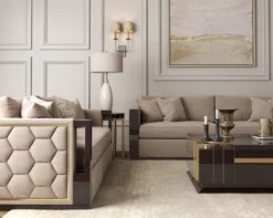 Casa Padrino Luxus Art Deco Samt Sofa Beige / Dunkelbraun Hochglanz / Gold 245 x 95 x H. 75 cm - Edles Wohnzimmer Sofa - Luxus Qualität