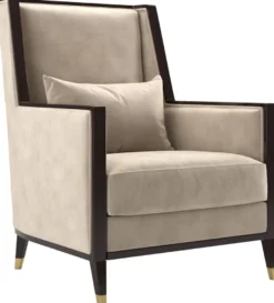 Casa Padrino Luxus Art Deco Samt Sessel Beige / Dunkelbraun Hochglanz / Gold 75 x 75 x H. 105 cm - Edler Wohnzimmer Sessel - Luxus Art Deco Möbel