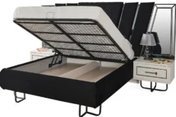 Casa Padrino Luxus Art Deco Schlafzimmer Set Schwarz / Weiß / Bronze - 1 Doppelbett mit Kopfteil & 2 Nachtkommoden - Art Deco Schlafzimmer Möbel - Luxus Schlafzimmer Möbel - Luxus Einrichtung