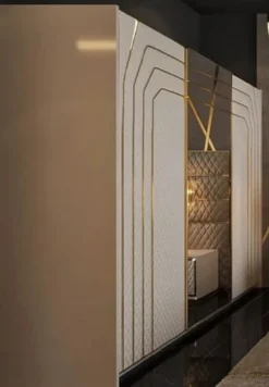 Casa Padrino Luxus Art Deco Schlafzimmerschrank Grau / Gold 270 x H. 230 cm - Verspiegelter Kleiderschrank mit 3 Schiebetüren - Art Deco Schlafzimmer & Hotel Möbel - Luxus Kollektion