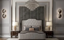 Casa Padrino Luxus Art Deco Schlafzimmer Set Grau / Dunkelbraun / Silber - 1 Doppelbett mit Kopfteil & 2 Nachtkommoden - Art Deco Schlafzimmer Möbel - Luxus Schlafzimmer Möbel - Luxus Einrichtung