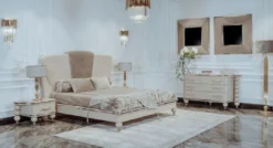 Casa Padrino Luxus Art Deco Schlafzimmer Set Beige / Grau / Gold - 1 Doppelbett mit Kopfteil & 2 Nachttische - Art Deco Schlafzimmer & Hotel Möbel - Luxus Kollektion
