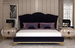 Casa Padrino Luxus Art Deco Schlafzimmer Set Lila / Cremefarben / Gold - 1 Doppelbett mit Kopfteil & 2 Nachttische - Art Deco Schlafzimmer & Hotel Möbel - Luxus Kollektion