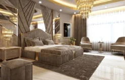 Casa Padrino Luxus Art Deco Schlafzimmer Set Grau / Weiß / Gold - 1 Doppelbett mit Kopfteil & 2 Nachttische - Art Deco Schlafzimmer & Hotel Möbel - Luxus Kollektion