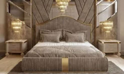 Casa Padrino Luxus Art Deco Schlafzimmer Set Grau / Weiß / Gold - 1 Doppelbett mit Kopfteil & 2 Nachttische - Art Deco Schlafzimmer & Hotel Möbel - Luxus Kollektion