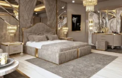 Casa Padrino Luxus Art Deco Schlafzimmer Set Grau / Weiß / Gold - 1 Doppelbett mit Kopfteil & 2 Nachttische - Art Deco Schlafzimmer & Hotel Möbel - Luxus Kollektion