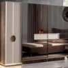 Casa Padrino Luxus Art Deco Schlafzimmerschrank Weiß / Braun 261 x 73 x H. 221 cm - Verspiegelter Massivholz Kleiderschrank - Art Deco Schlafzimmer Möbel