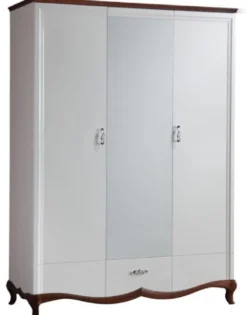 Casa Padrino Luxus Art Deco Schlafzimmerschrank Weiß / Dunkelbraun 164,2 x 62,5 x H. 209,5 cm - Kleiderschrank mit Spiegel 2 Türen und Schublade - Schlafzimmermöbel