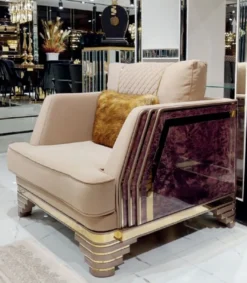 Casa Padrino Luxus Art Deco Sessel Beige / Lila / Grau / Gold - Edler Wohnzimmer Sessel mit Marmoroptik - Luxus Art Deco Wohnzimmer & Hotel Möbel